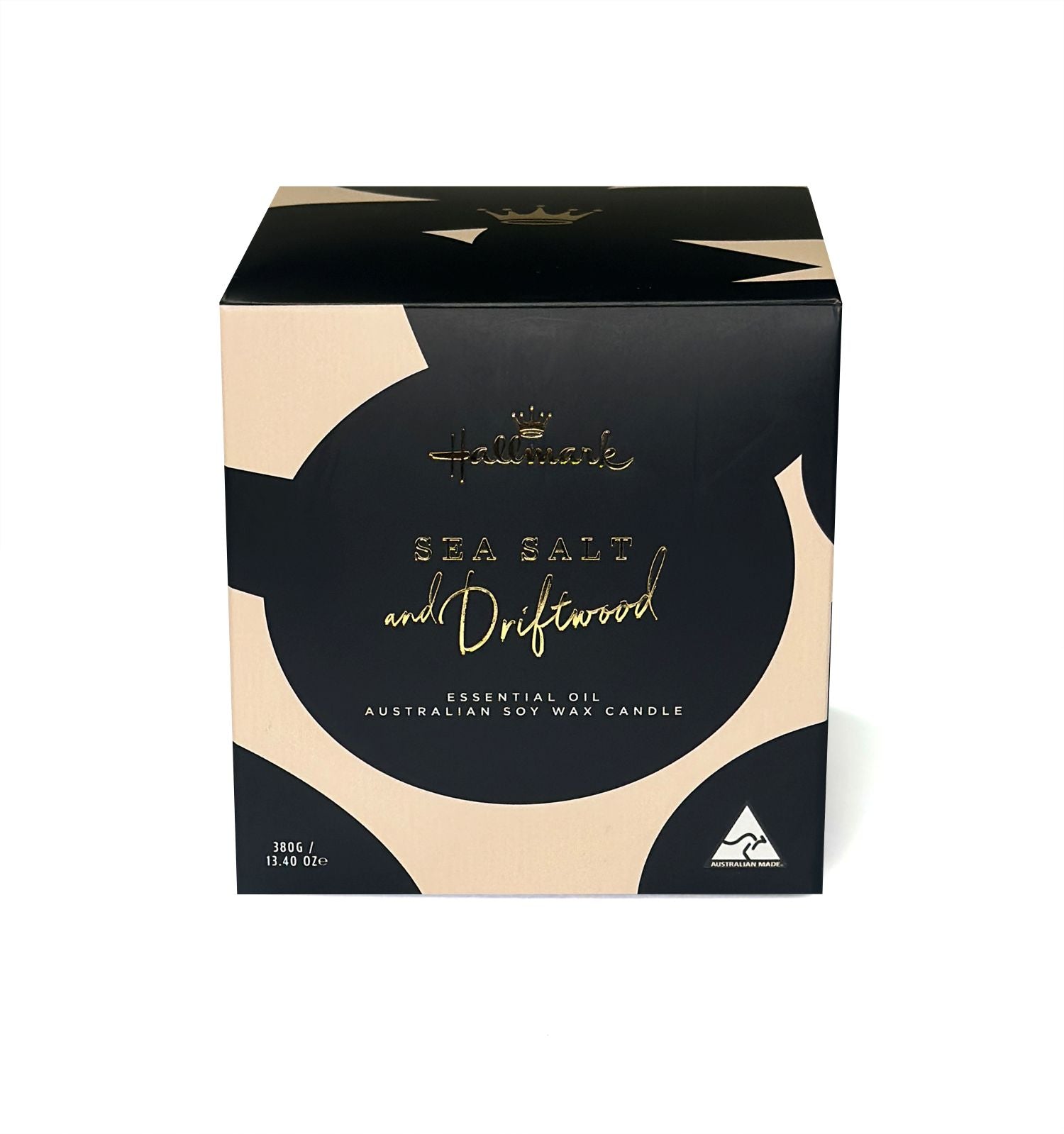 Hallmark Essential Oil Australian Soy Wax Candle - Sea Salt & Driftwood gift boxed with elegant design and branding.