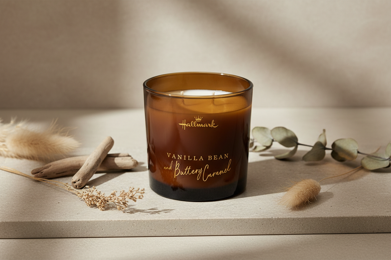Hallmark Essential Oil Australian Soy Wax Candle - Vanilla Bean & Buttery Caramel in amber glass, set on a neutral surface with natural decor.