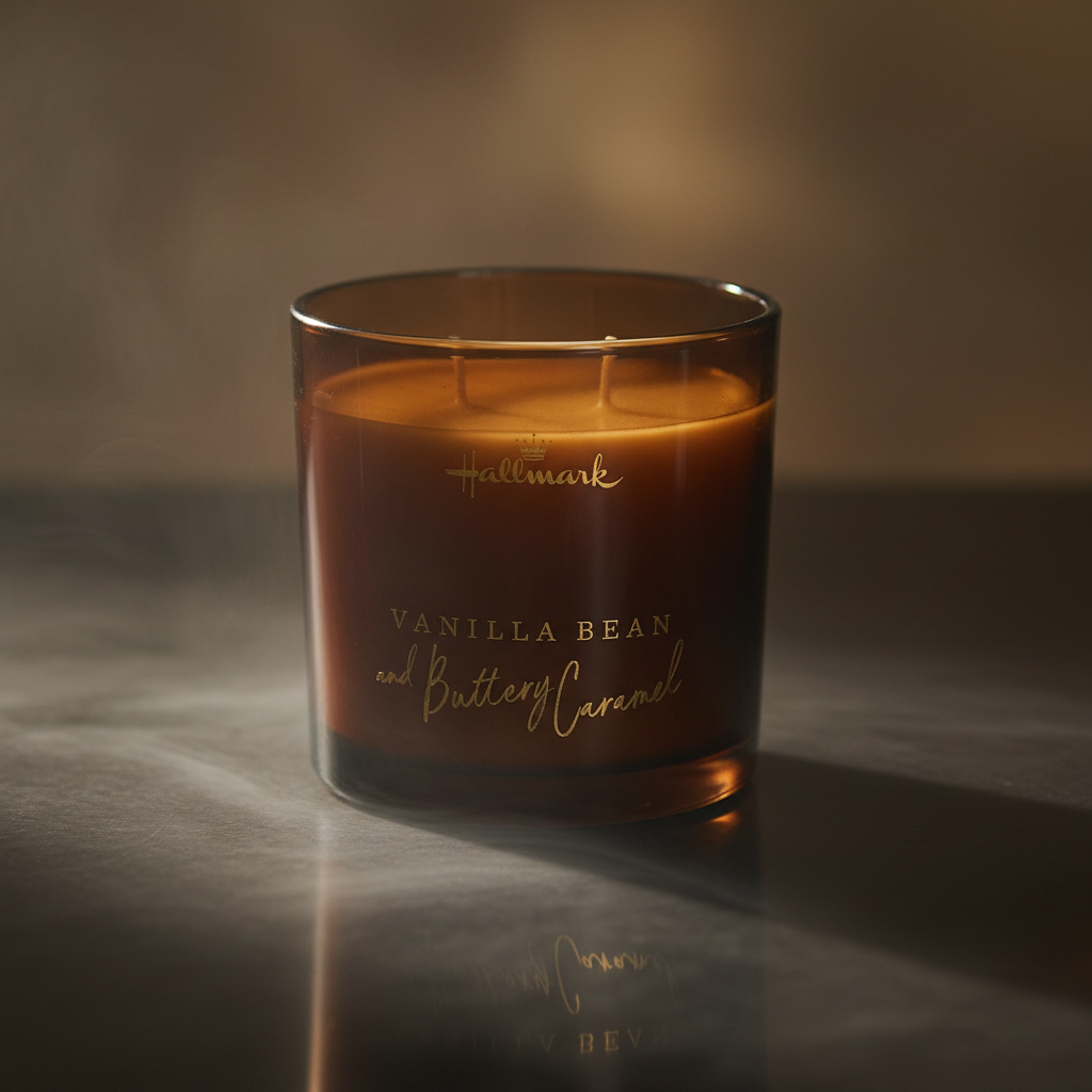 Hallmark Essential Oil Australian Soy Wax Candle - Vanilla Bean & Buttery Caramel in amber glass jar, showcasing warm candlelight.