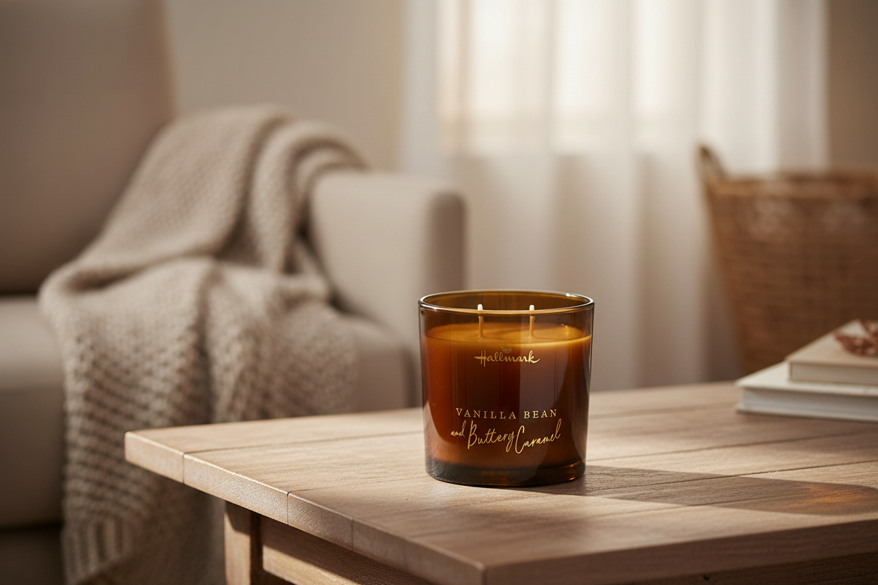 Hallmark Essential Oil Australian Soy Wax Candle - Vanilla Bean & Buttery Caramel in amber glass jar on wooden table with cozy blanket.
