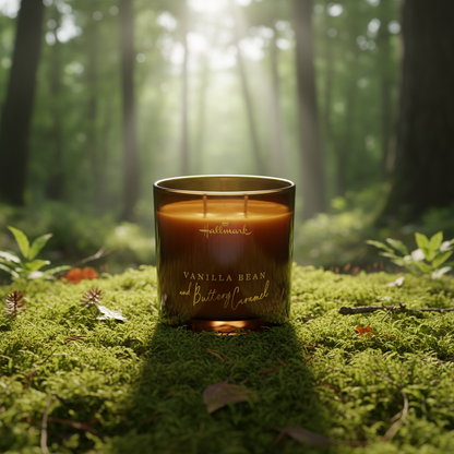 Hallmark Essential Oil Australian Soy Wax Candle - Vanilla Bean & Buttery Caramel in a forest setting with natural lighting.