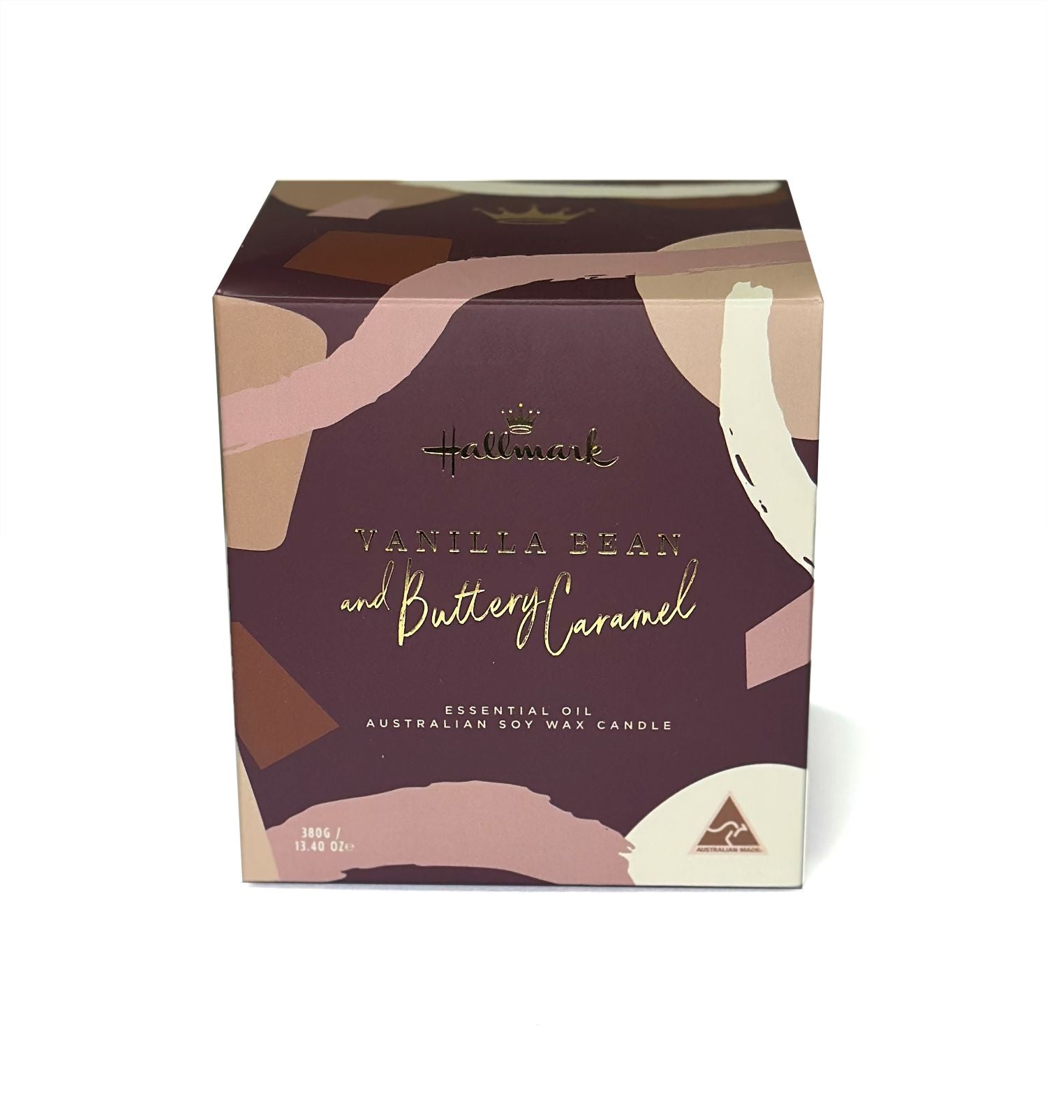 Hallmark Essential Oil Australian Soy Wax Candle - Vanilla Bean & Buttery Caramel in stylish gift box featuring pastel colours and elegant design.