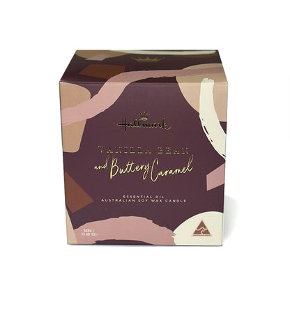 Hallmark Essential Oil Australian Soy Wax Candle - Vanilla Bean & Buttery Caramel in stylish gift box featuring pastel colours and elegant design.