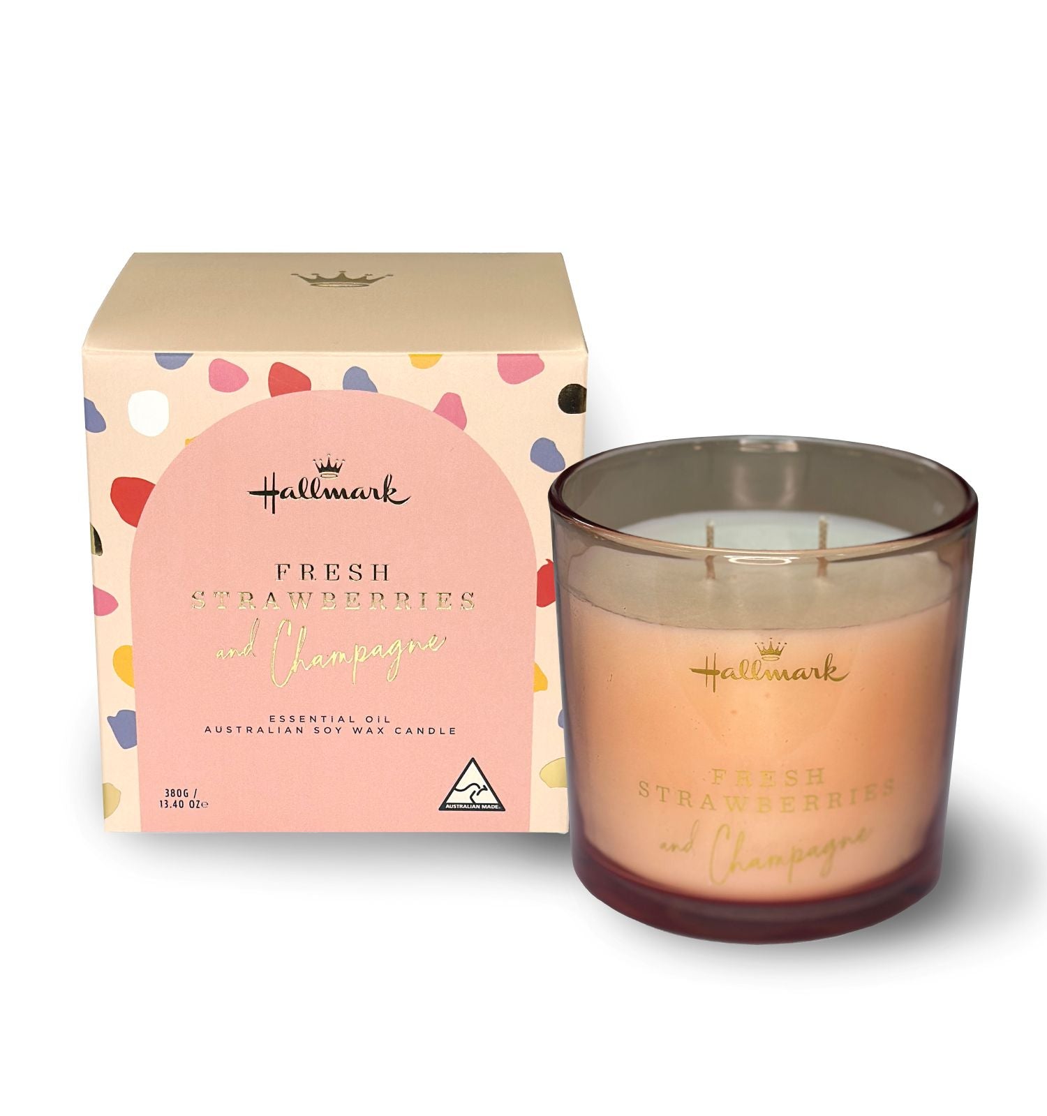 Hallmark Essential Oil Australian Soy Wax Candle - Fresh Strawberries & Champagne in a glass jar with a colourful box.