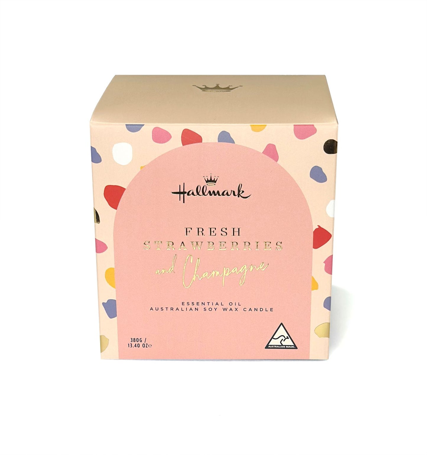 Hallmark Essential Oil Australian Soy Wax Candle - Fresh Strawberries & Champagne packaging box with colourful dots on a cream background.