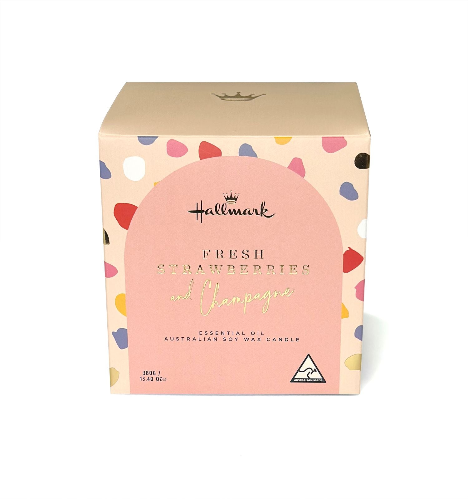 Hallmark Essential Oil Australian Soy Wax Candle - Fresh Strawberries & Champagne packaging box with colourful dots on a cream background.