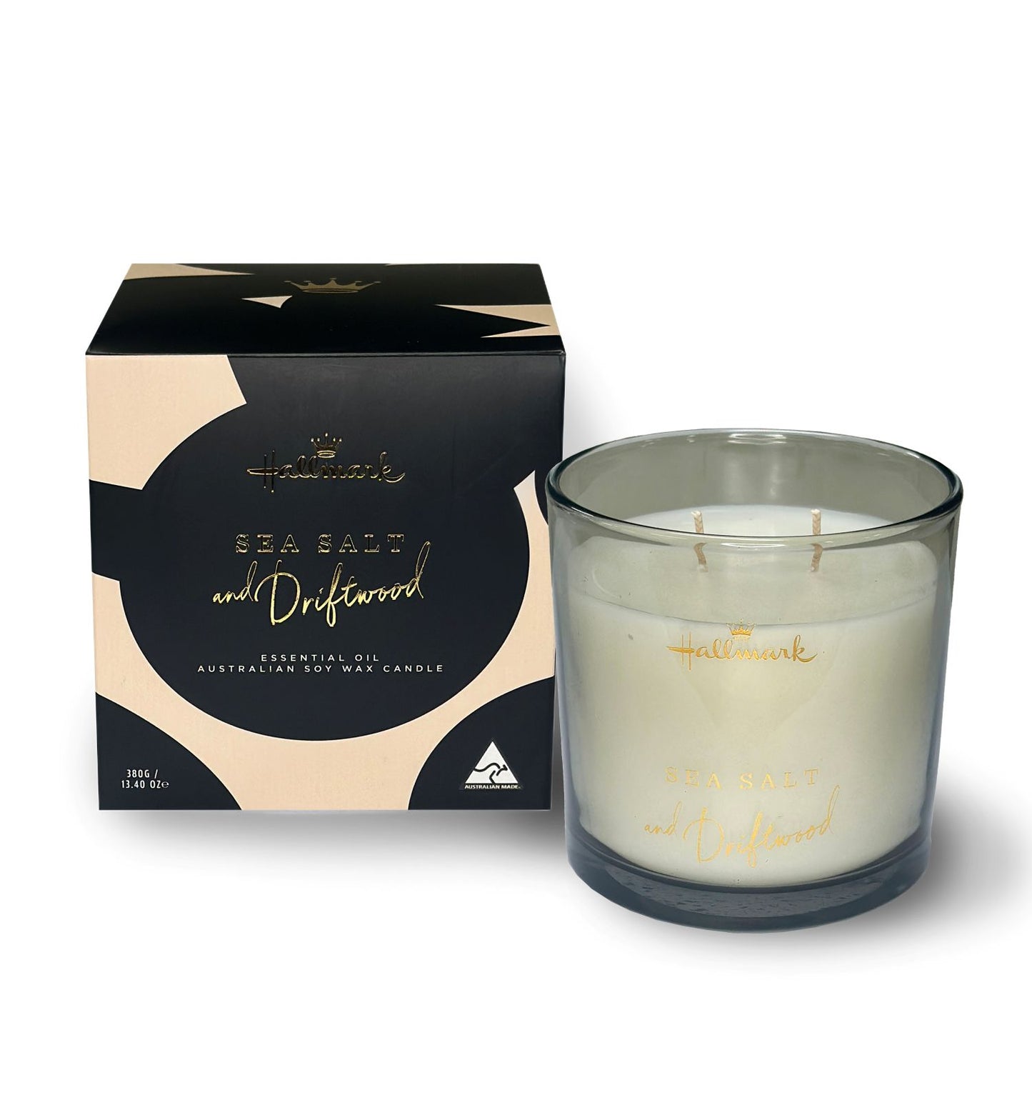 Hallmark Essential Oil Australian Soy Wax Candle - Sea Salt & Driftwood in a glass jar with a stylish black and gold box.