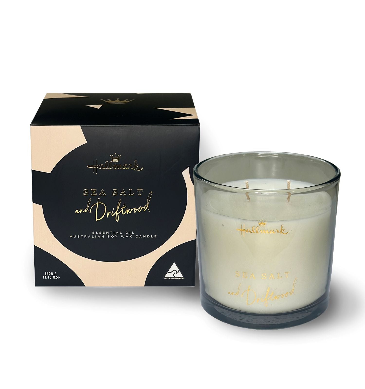 Hallmark Essential Oil Australian Soy Wax Candle - Sea Salt & Driftwood in a glass jar with a stylish black and gold box.