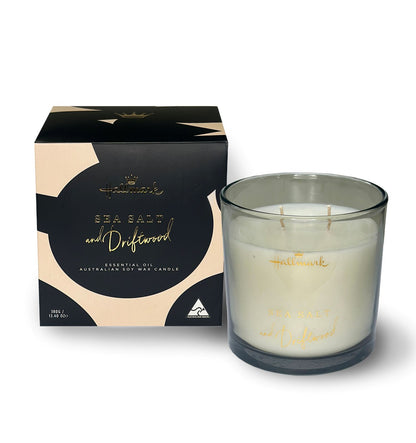 Hallmark Essential Oil Australian Soy Wax Candle - Sea Salt & Driftwood in a glass jar with a stylish black and gold box.