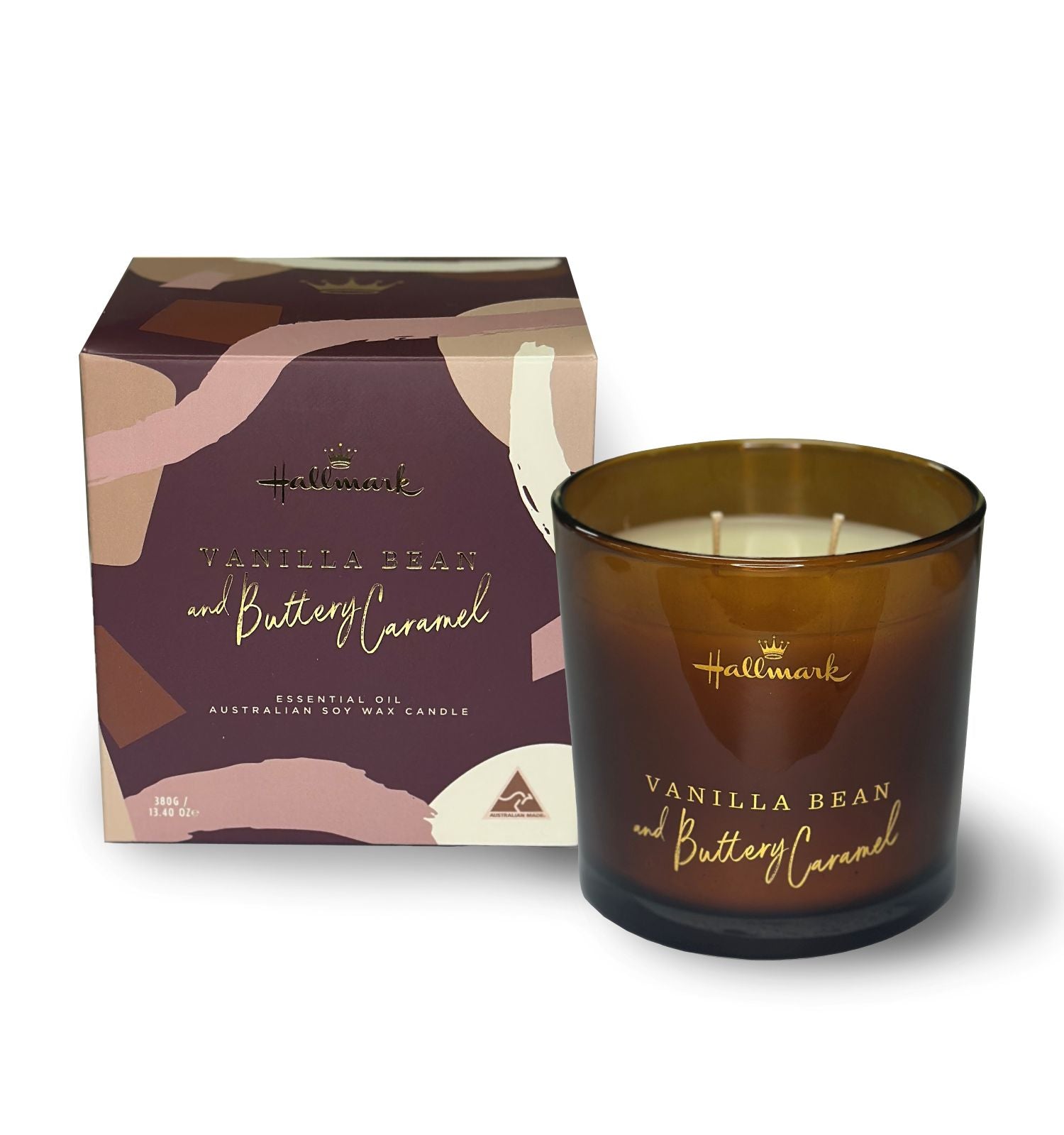 Hallmark Essential Oil Australian Soy Wax Candle - Vanilla Bean & Buttery Caramel in a glass jar with packaging, showcasing elegant design.