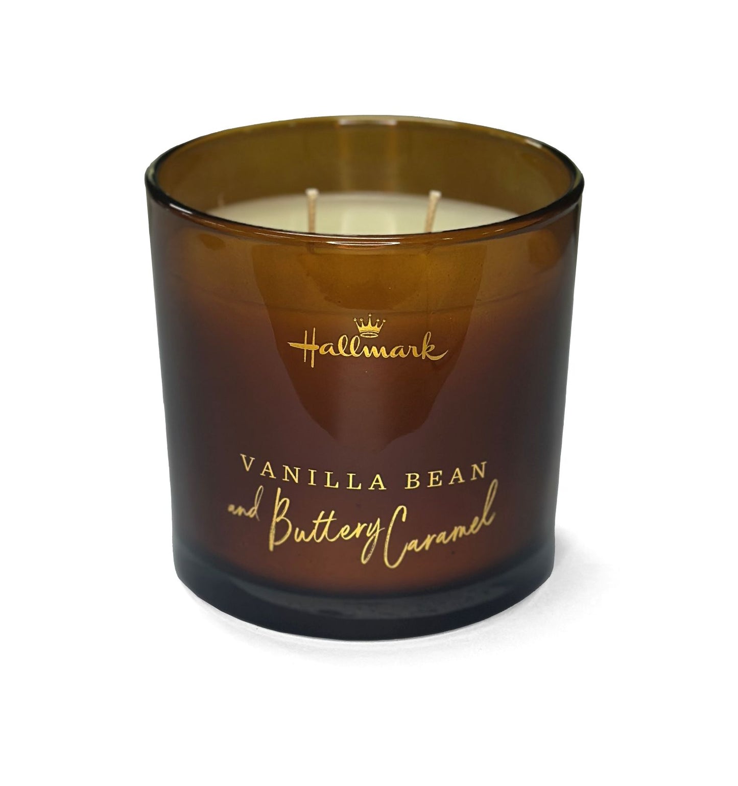 Hallmark Essential Oil Australian Soy Wax Candle - Vanilla Bean & Buttery Caramel in an amber glass jar, featuring gold lettering.