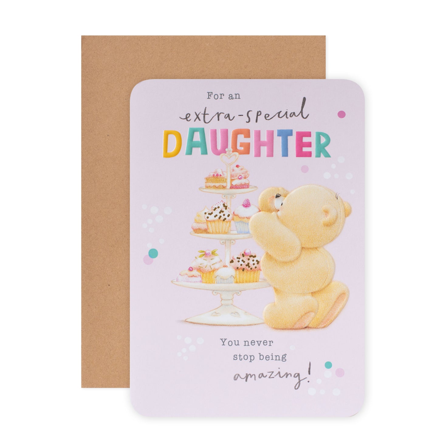 Hallmark Forever Friends birthday card for daughter featuring embossed bear illustration and colourful cupcakes on tiered tray.