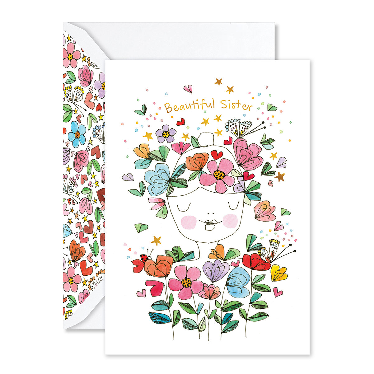 Greeting card with floral design and 'Beautiful Sister' text, featuring a matching envelope.