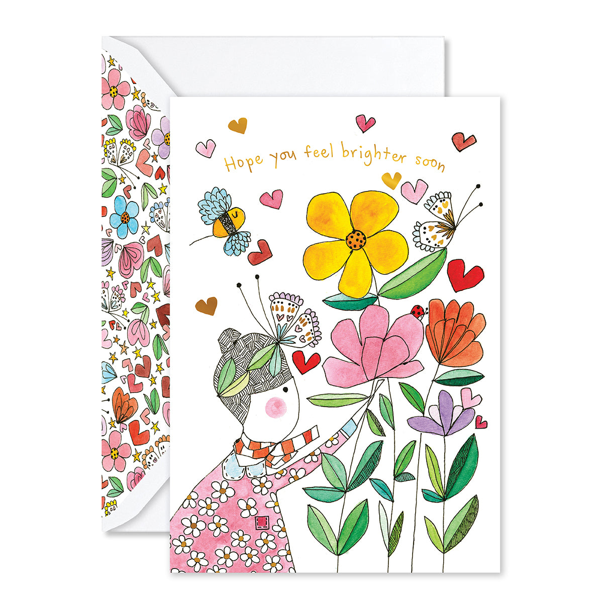 Greeting card with colorful illustrations of a person holding flowers and text 'Hope you feel brighter soon'.