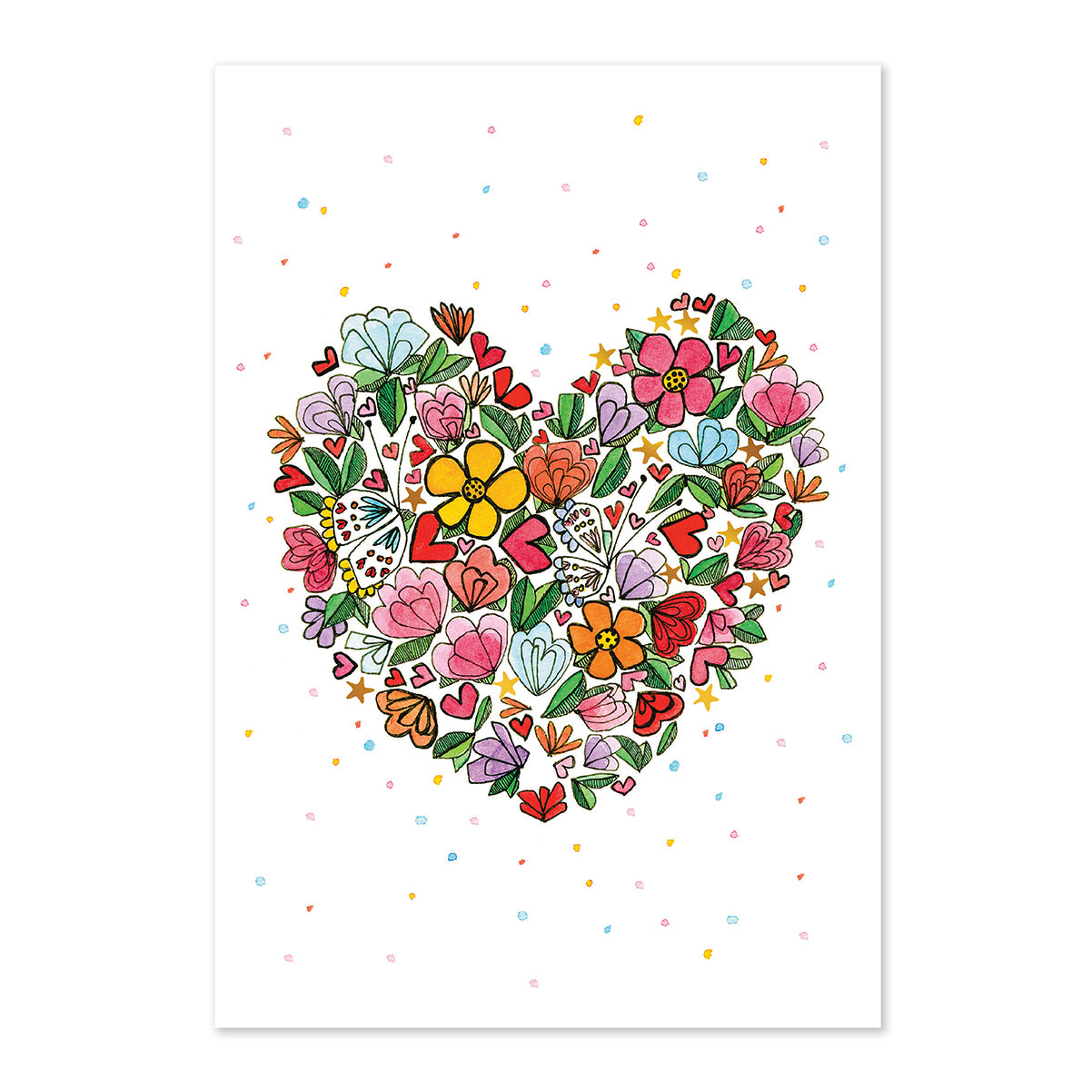Heart-shaped arrangement of colorful flowers on a white background