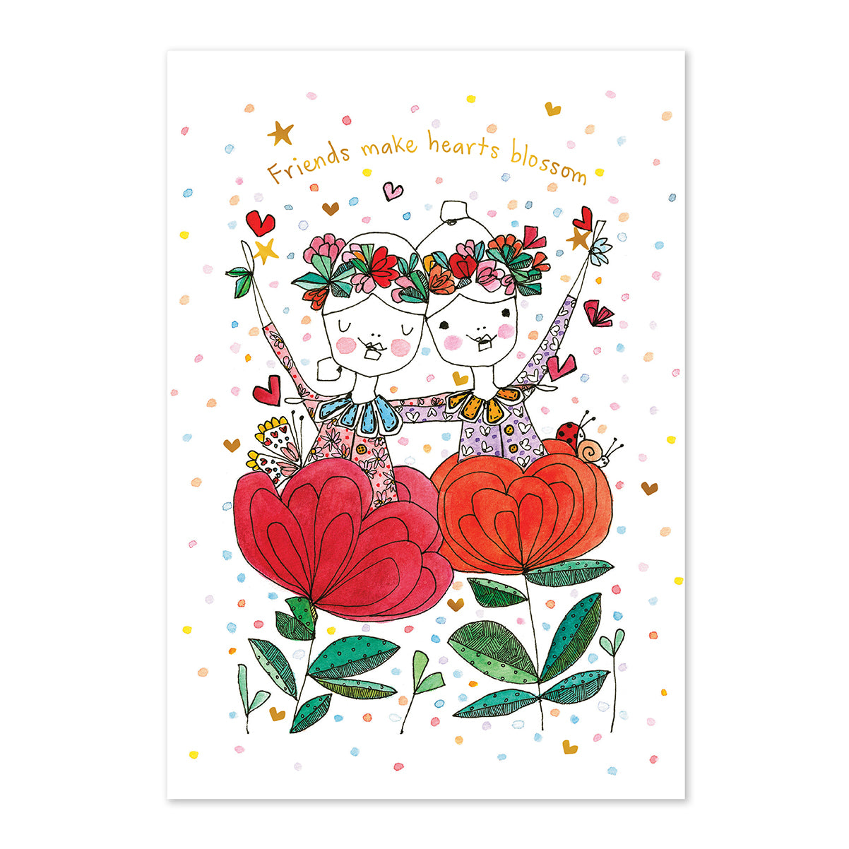 Illustration of two girls with flowers on their heads and large red flowers, surrounded by colorful dots and hearts.