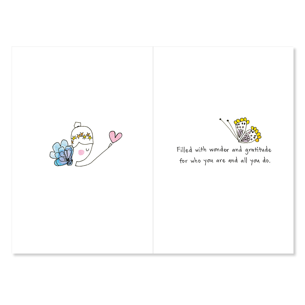 Greeting card with illustrations of a butterfly and a caterpillar with a message inside.