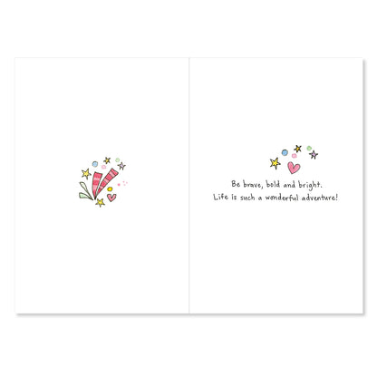 Motivational card with colorful illustrations and text on a white background