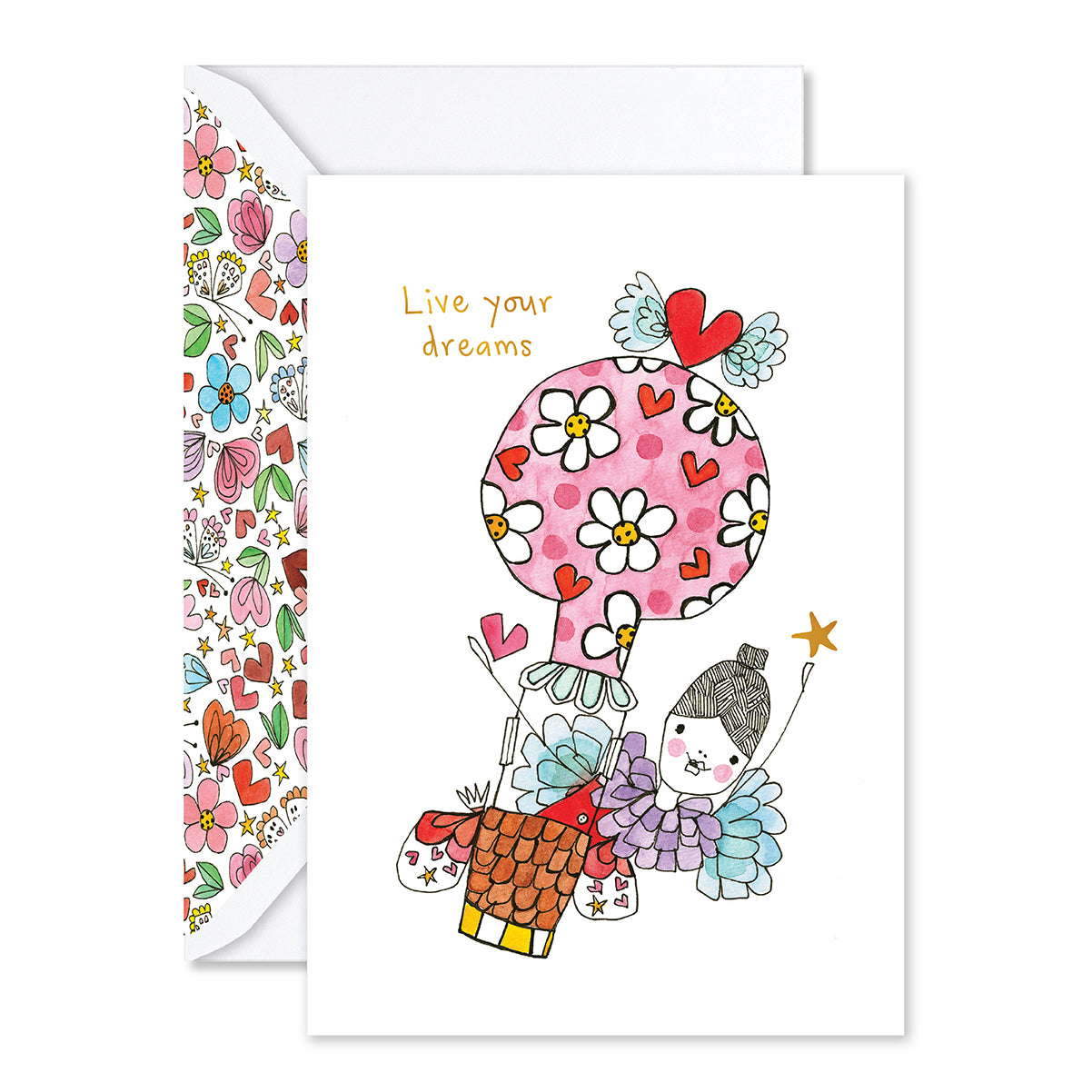 Greeting card with a colorful illustration of a character holding a heart-shaped balloon and the text 'Live your dreams'.