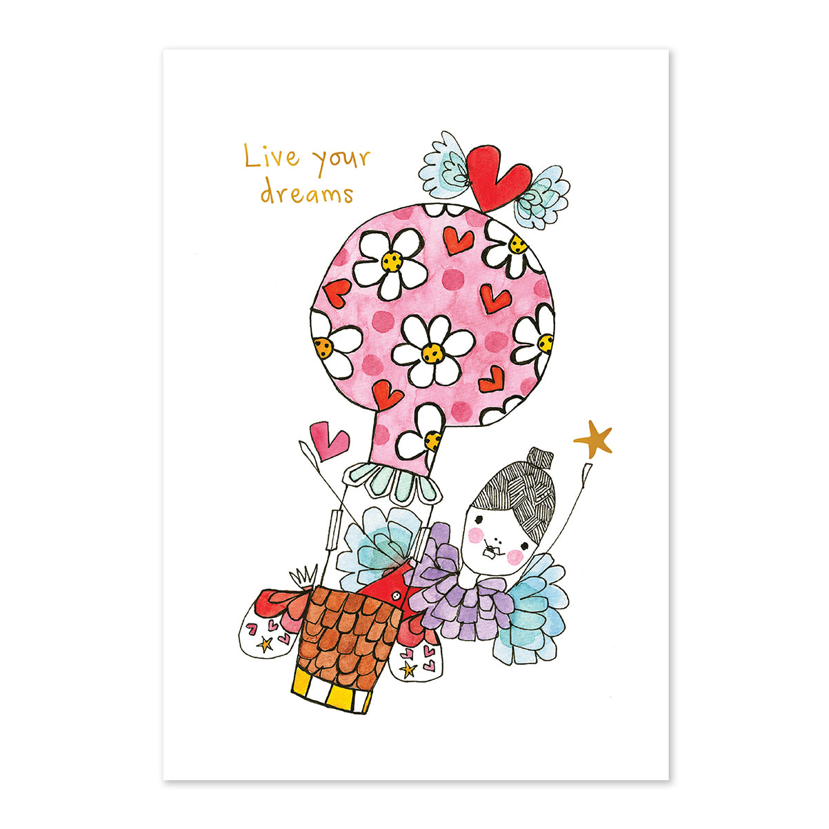 Illustration of a fairy with a hot air balloon, surrounded by hearts and flowers, with 'Live your dreams' text.
