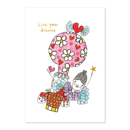 Illustration of a fairy with a hot air balloon, surrounded by hearts and flowers, with 'Live your dreams' text.