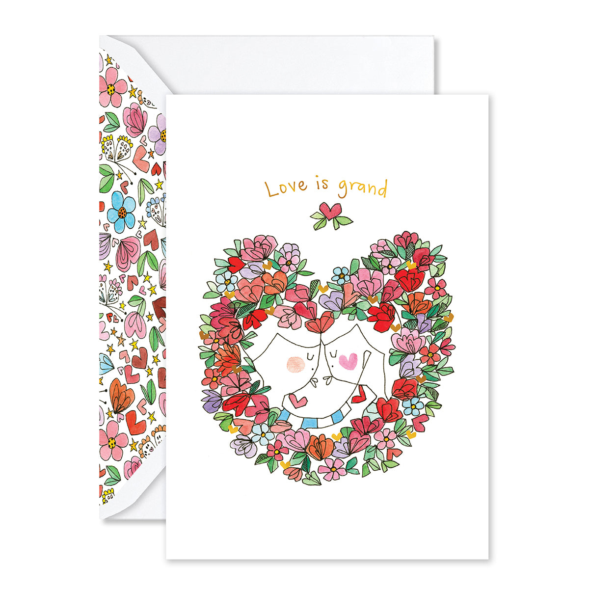 Greeting card with floral design and 'Love is grand' text, featuring a matching envelope.