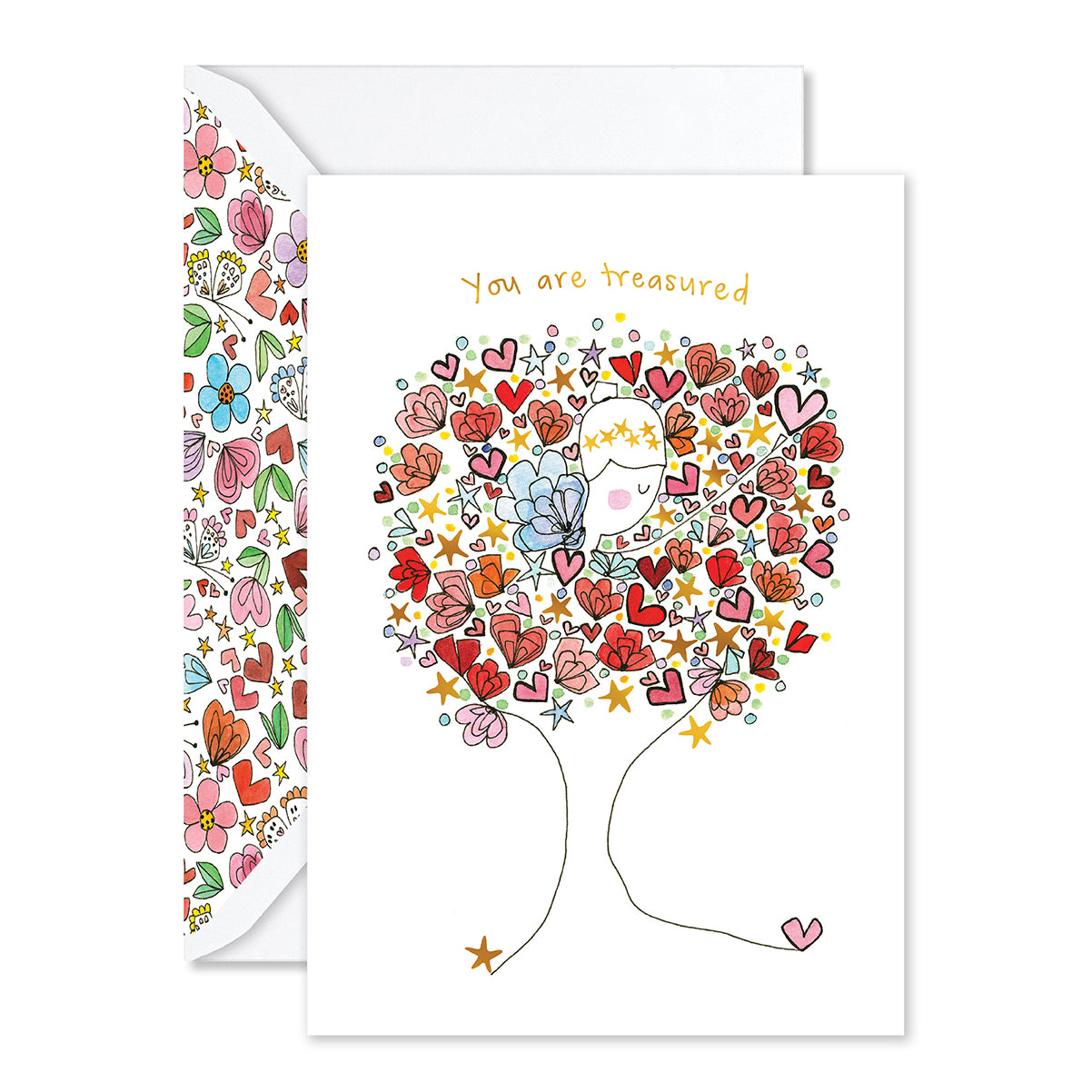 Greeting card with colorful heart design and 'You are treasured' text on a white background