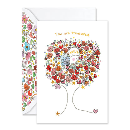 Greeting card with colorful heart design and 'You are treasured' text on a white background