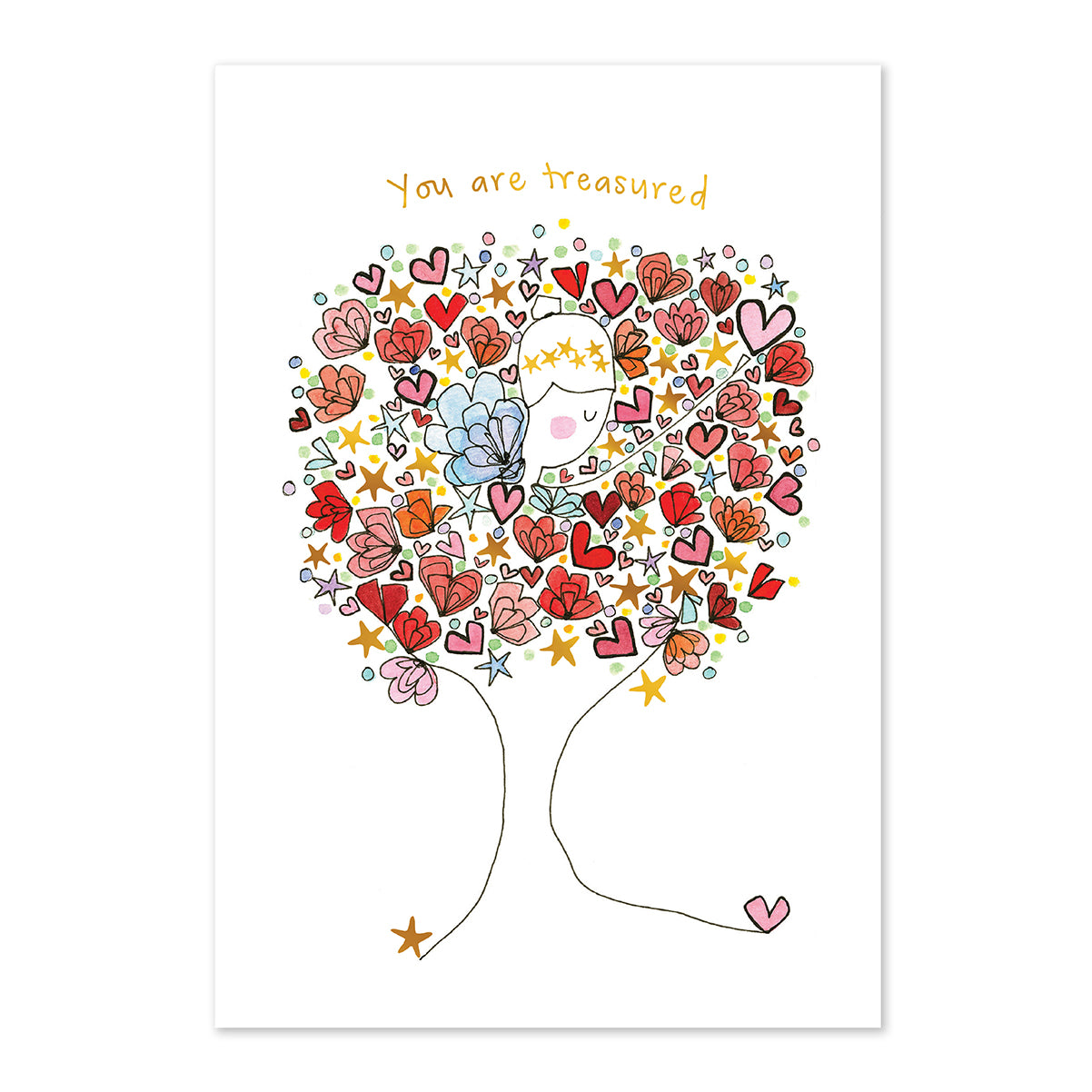 Illustration of a tree with colorful hearts and stars, featuring a message 'You are treasured' on a white background.