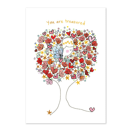 Illustration of a tree with colorful hearts and stars, featuring a message 'You are treasured' on a white background.
