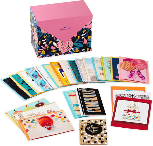 Hallmark Pack of 24 Handmade Assorted Boxed Greeting Cards, modern floral design showcased in a vibrant gift box, flat lay display.