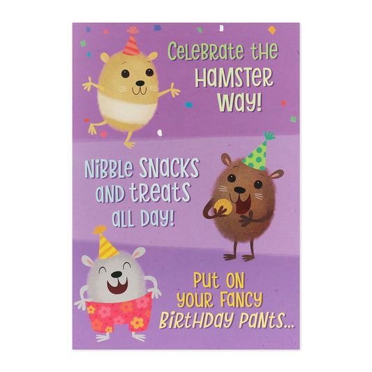 Hallmark Interactive Sound Card - Dancing Hamsters with illustrated hamsters in birthday hats on a vibrant purple background.