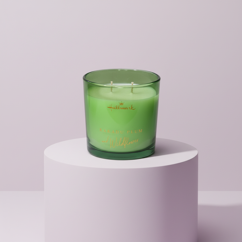 Relax & Unwind Gift Hamper for Her by Hallmark featuring a fragrant green candle in a glass container.