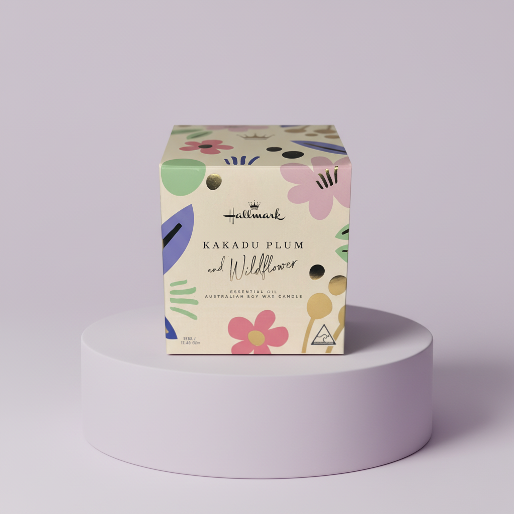 Kakadu Plum and Wildflower candle packaging by Hallmark, displayed on a pastel stand.