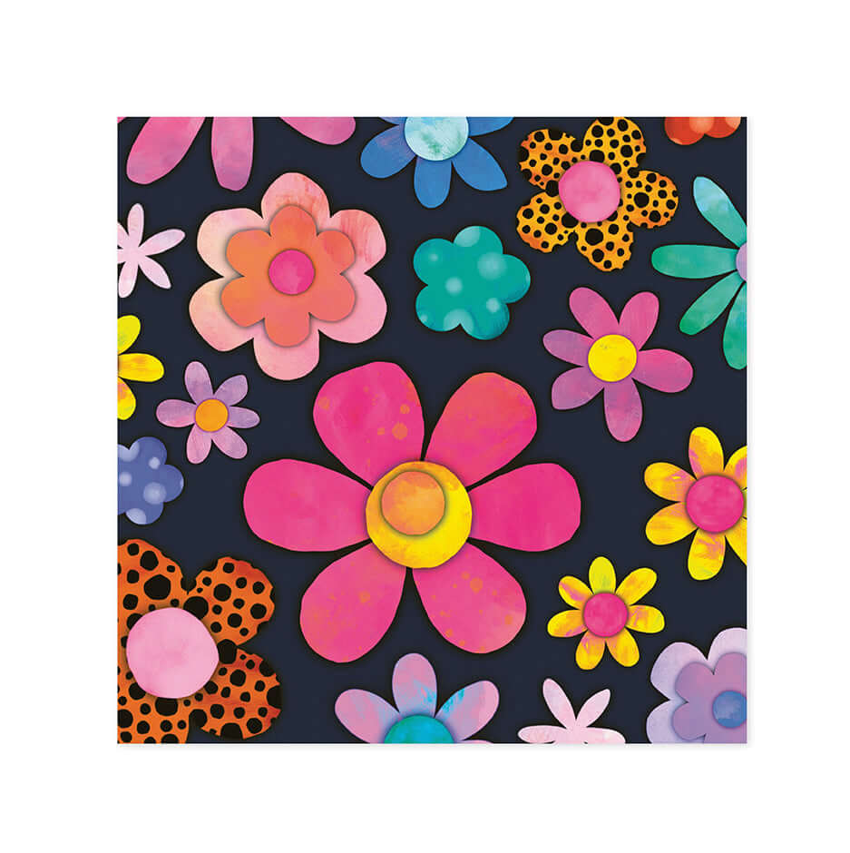 Hallmark x Kasey Rainbow Gallery Blank Greeting Card - Fluorescent Florals featuring vibrant floral illustrations on a dark background.
