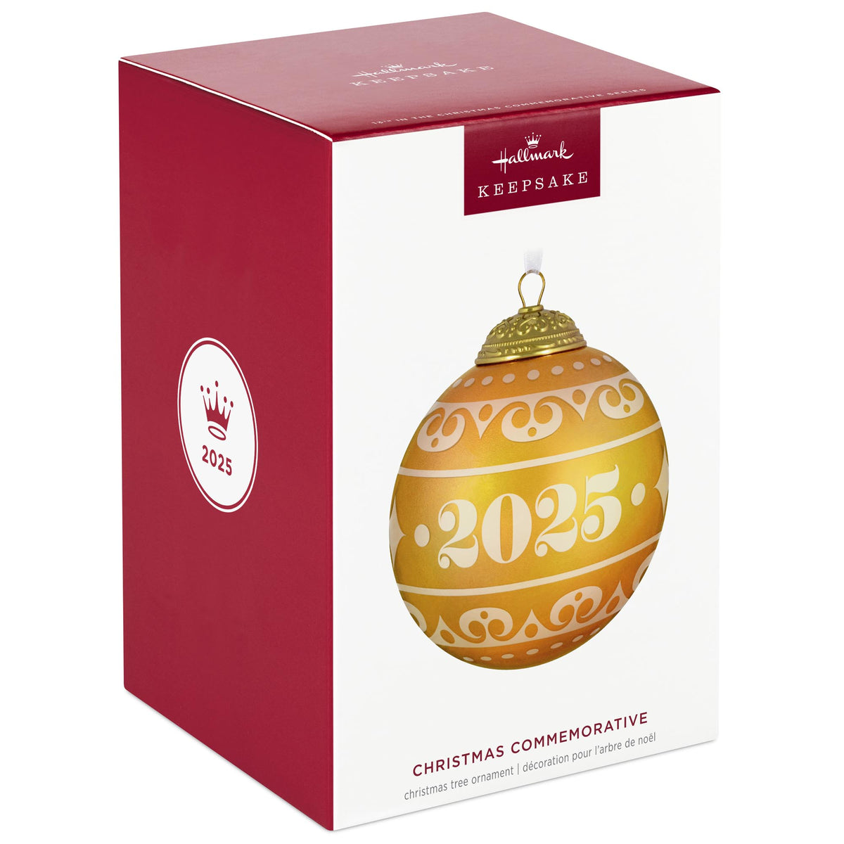 Christmas Commemorative, 13th in the Series — 2025 Hallmark Keepsake Christmas Ornament packaging with gold and yellow design, flat lay view.