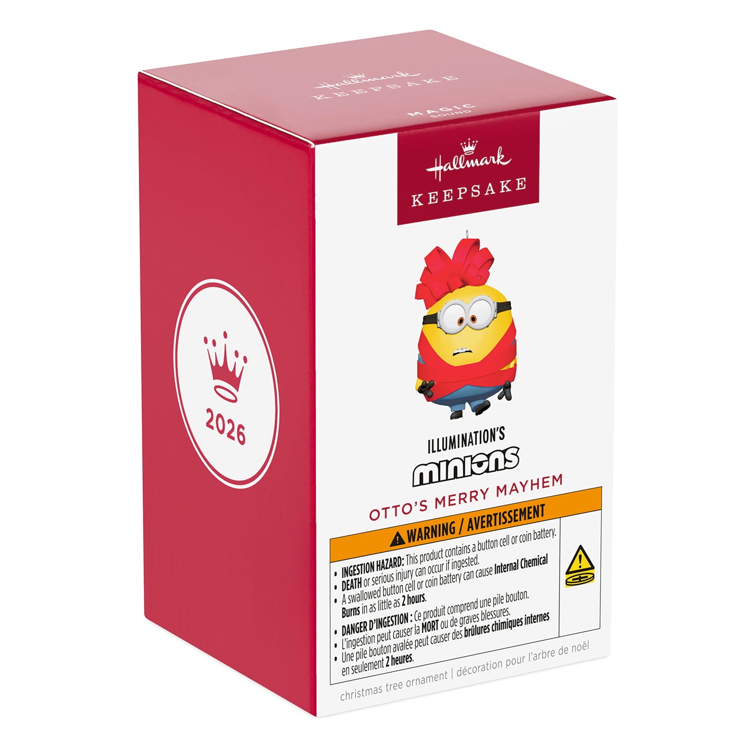 Minions Otto’s Merry Mayhem With Sound — 2026 Hallmark Keepsake Christmas Ornament in gift packaging, featuring vibrant colours and warning label.