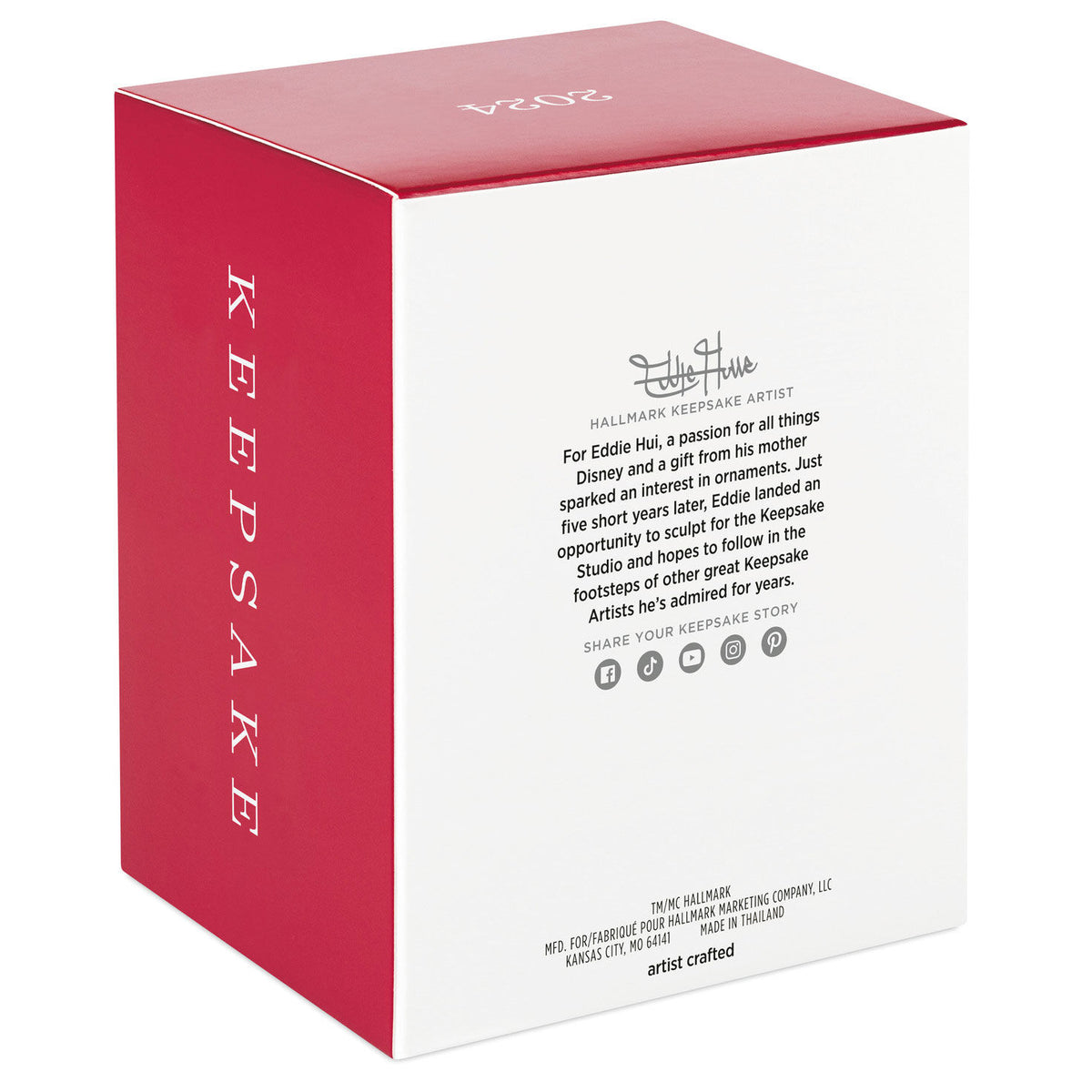 Hallmark Keepsake box featuring Eddie Hui's artist biography, red top, white base, and 2024 Keepsake details.