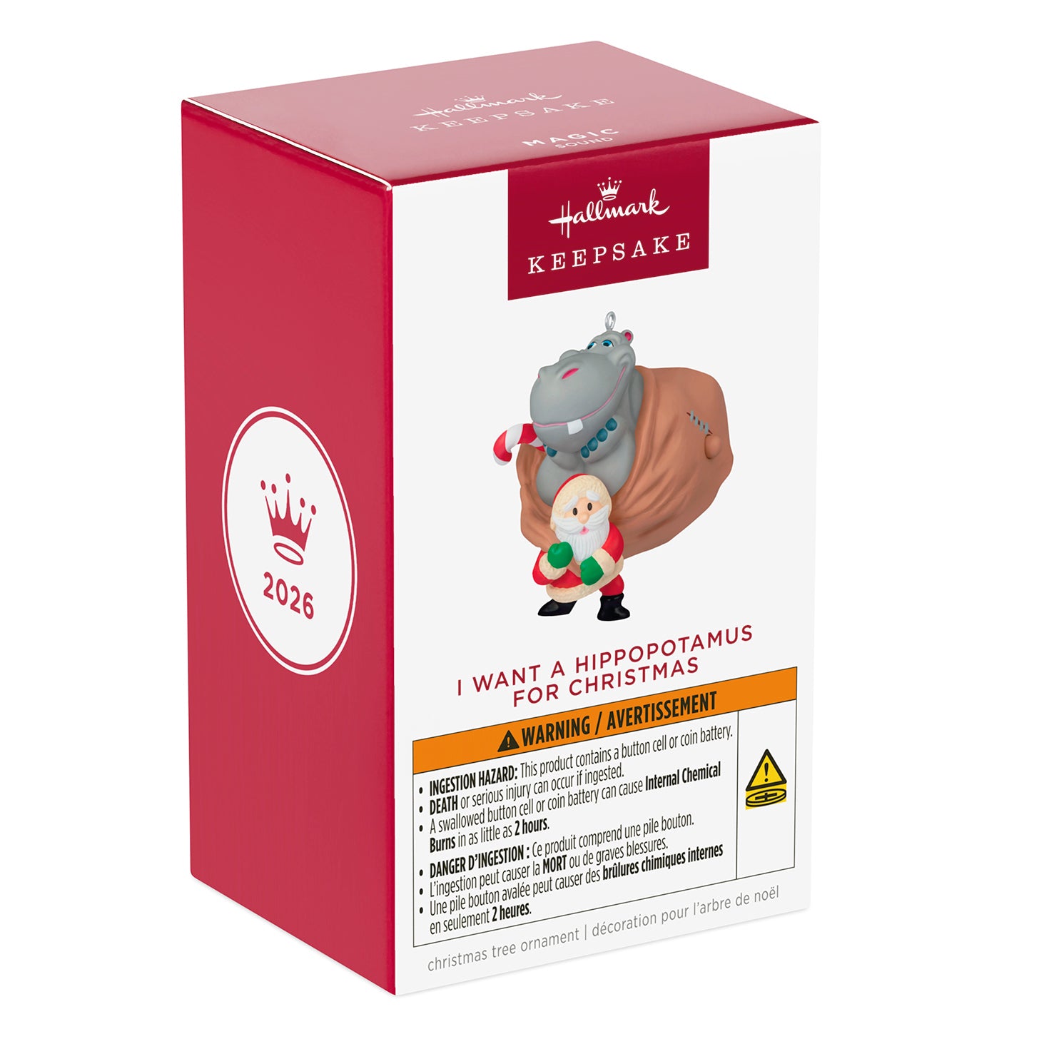 I Want a Hippopotamus for Christmas Musical — 2026 Hallmark Keepsake Christmas Ornament in original packaging, colourful design, front view.