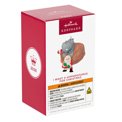 I Want a Hippopotamus for Christmas Musical — 2026 Hallmark Keepsake Christmas Ornament in original packaging, colourful design, front view.