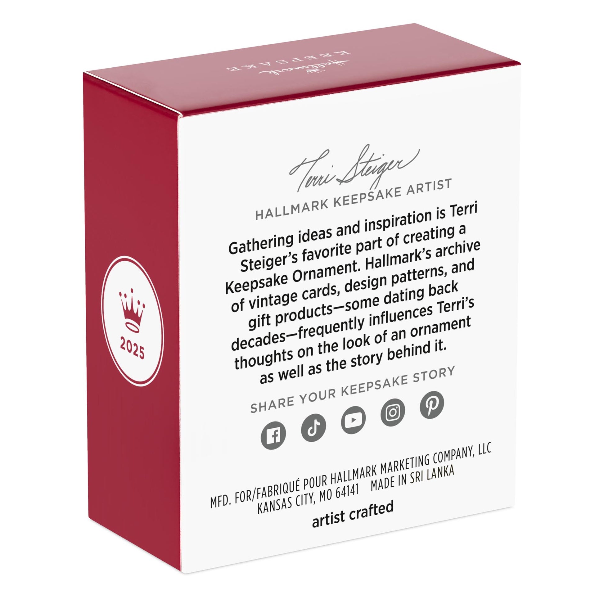 Glimmering Glockenspiel — 2025 Hallmark Keepsake Christmas Ornament box design featuring artist Terri Steiger's bio and production details.