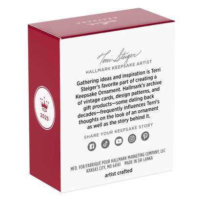 Glimmering Glockenspiel — 2025 Hallmark Keepsake Christmas Ornament box design featuring artist Terri Steiger's bio and production details.