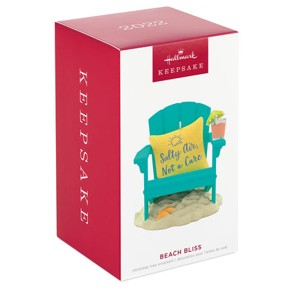 Beach Bliss — Hallmark Keepsake Ornament, festive packaging with beach chair and cushion, displaying sandy scene and bright colours.