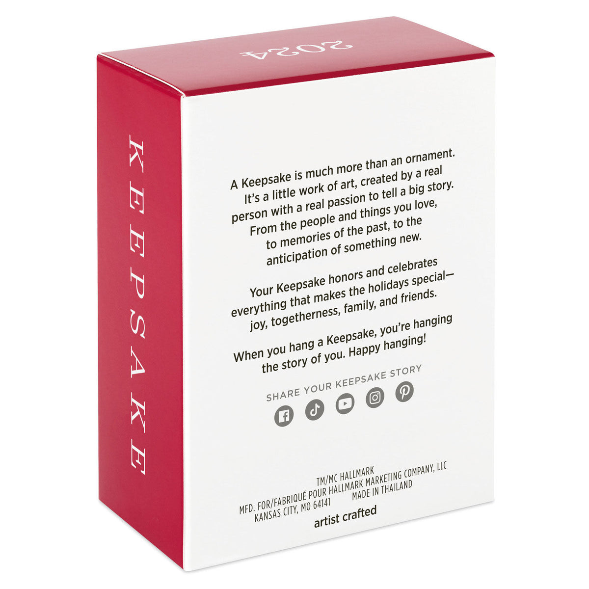 Hallmark Keepsake Christmas ornament packaging, artist crafted, featuring heartfelt message on the back, red and white design.