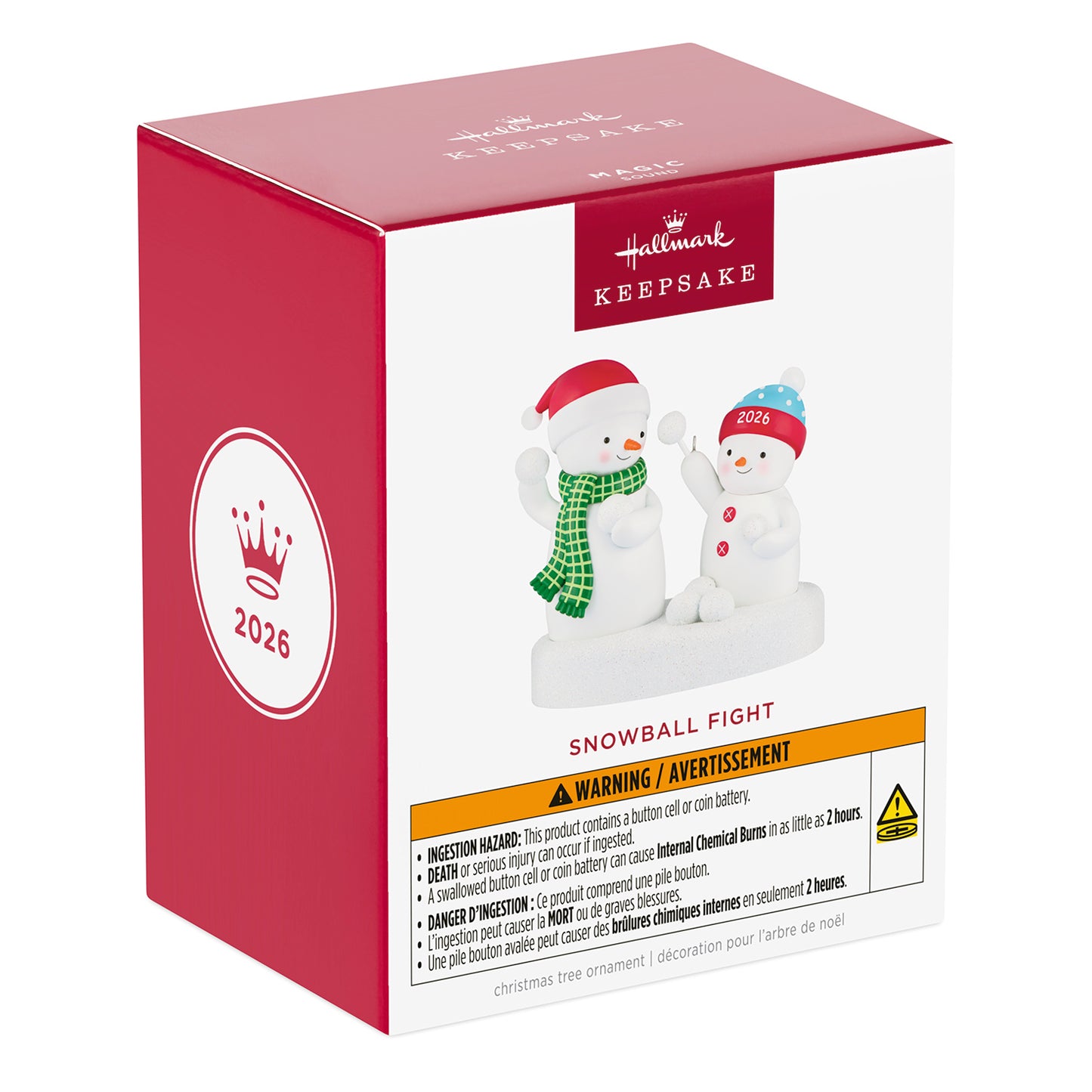 Snowball Fight 2026 Musical — 2026 Hallmark Keepsake Christmas Ornament packaging view featuring snowmen and warning label.