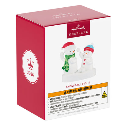 Snowball Fight 2026 Musical — 2026 Hallmark Keepsake Christmas Ornament packaging view featuring snowmen and warning label.