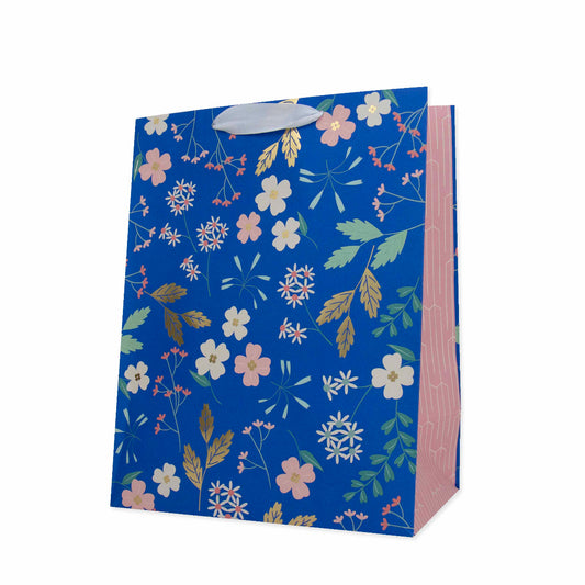 Hallmark Large Gift Bag - Sky Blue Floral features a vibrant blue floral design and white ribbed ribbon handle.