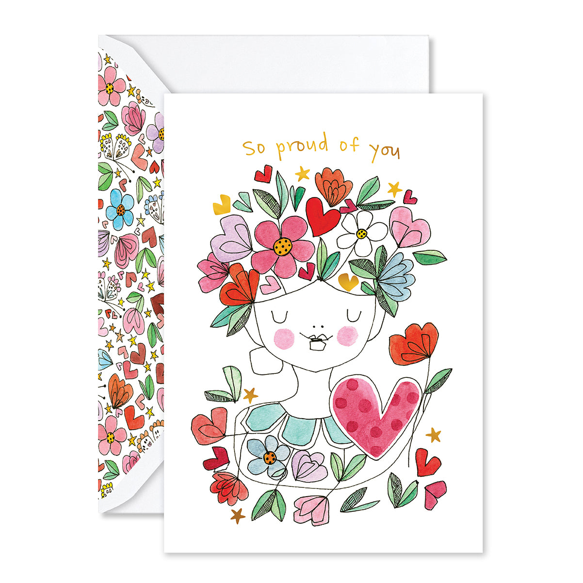 Greeting card with a colorful illustration of a girl surrounded by flowers and hearts, with 'So proud of you' text on the envelope.