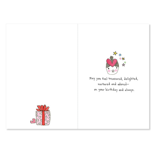 Greeting card with a cartoon character and gift box on a white background