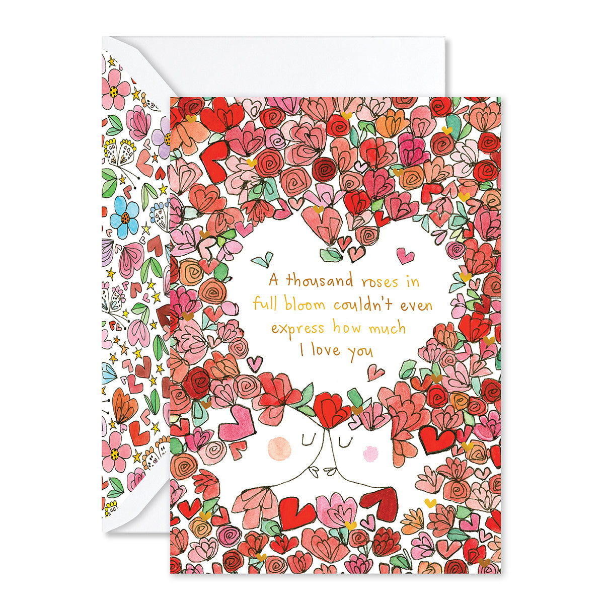 Greeting card with floral design and romantic message on a white background